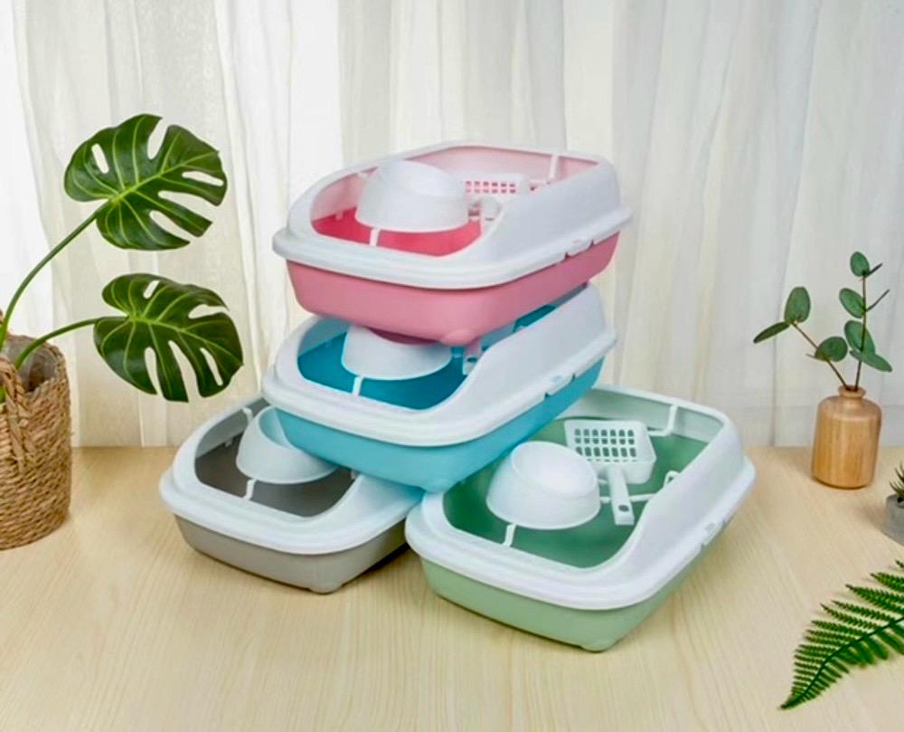 Happy Puss 3-in-1 Cat Litter Box with Feeder Bowl & Scoop – High-Sided Plastic Tray