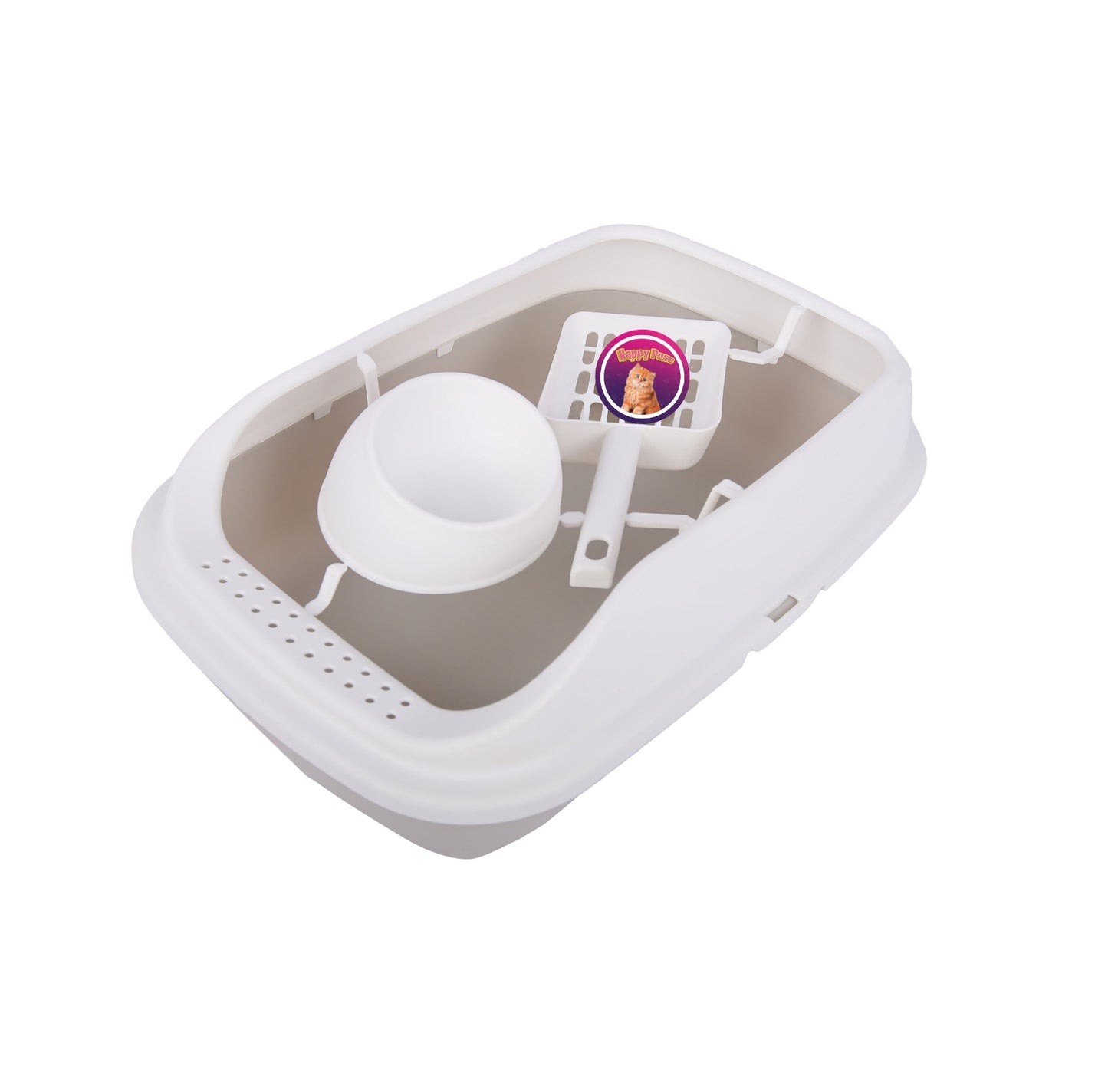 Happy Puss 3-in-1 Cat Litter Box with Feeder Bowl & Scoop – High-Sided Plastic Tray