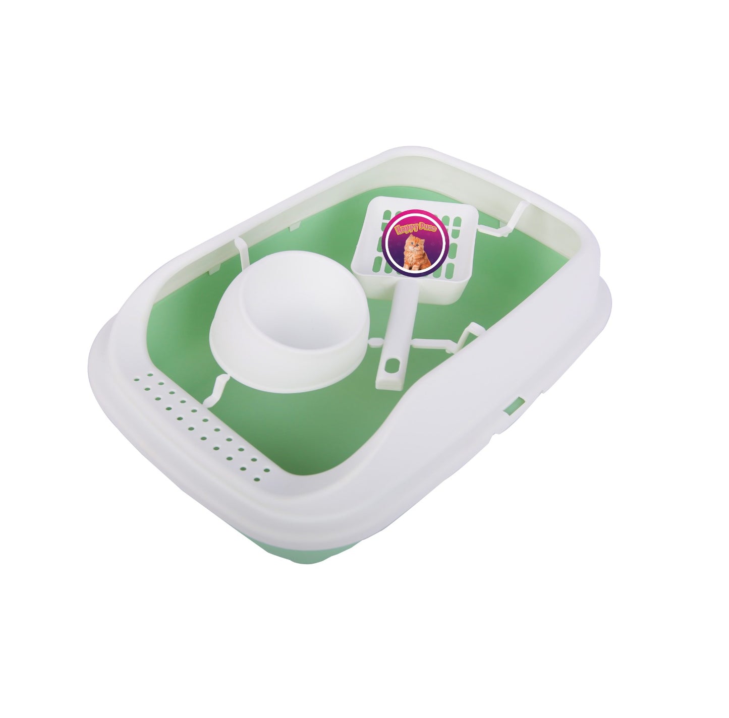 Happy Puss 3-in-1 Cat Litter Box with Feeder Bowl & Scoop – High-Sided Plastic Tray