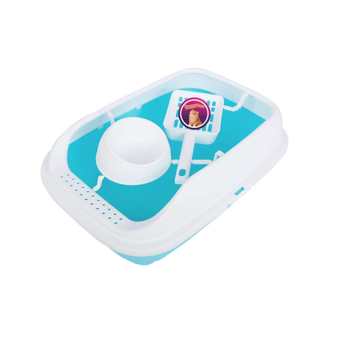 Happy Puss 3-in-1 Cat Litter Box with Feeder Bowl & Scoop – High-Sided Plastic Tray