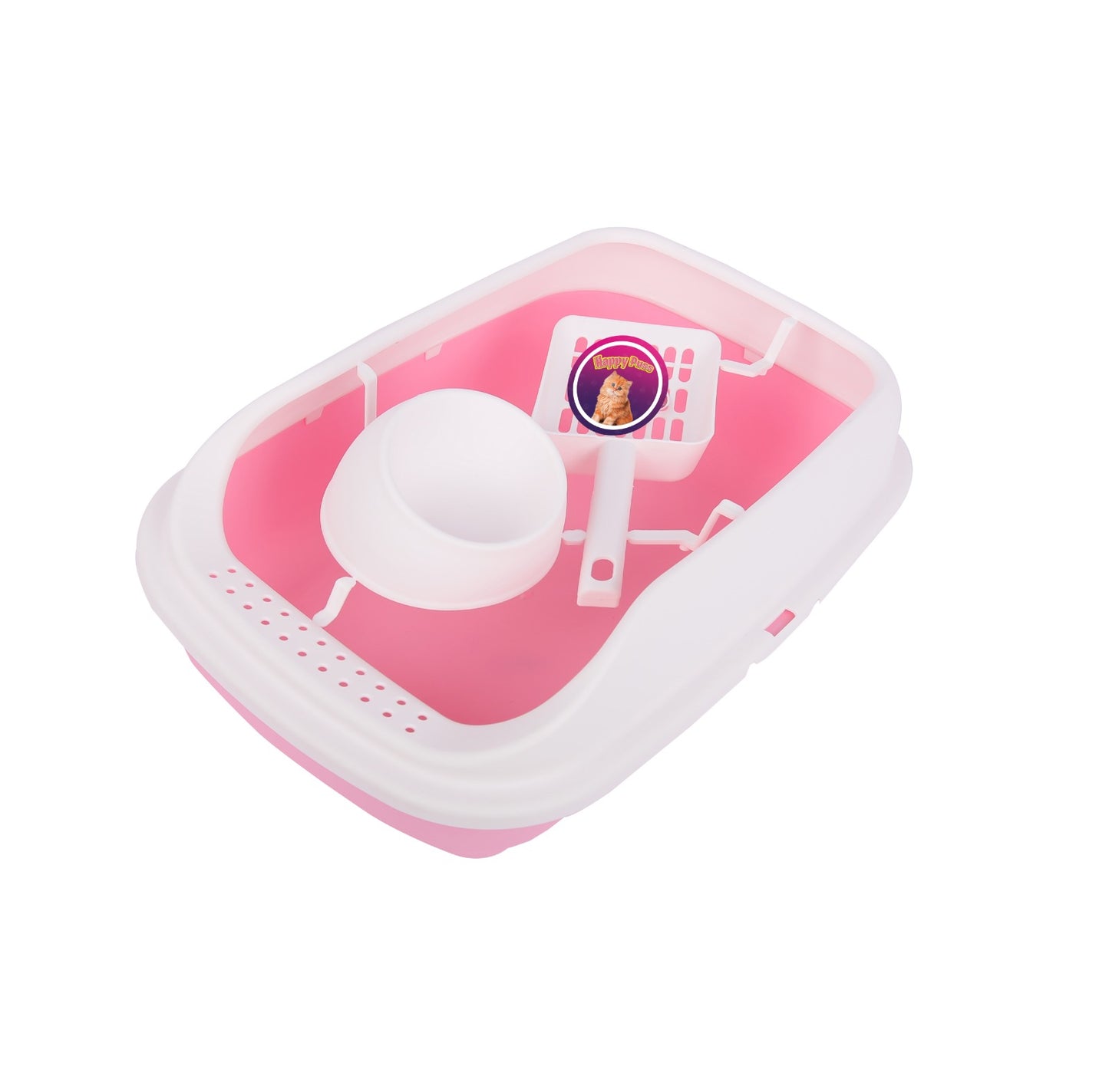 Happy Puss 3-in-1 Cat Litter Box with Feeder Bowl & Scoop – High-Sided Plastic Tray
