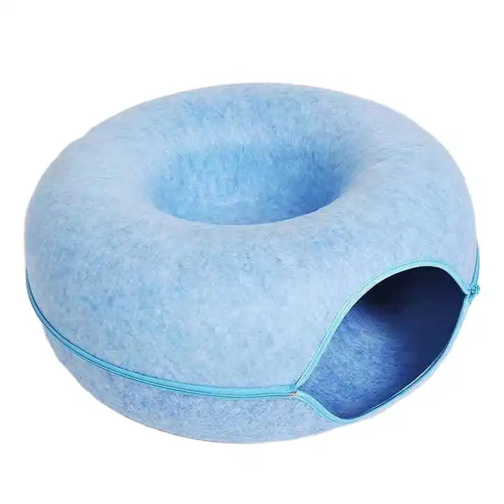 Happy Puss Cat Tunnel Bed – Donut Shape 2-in-1 Felt Hideaway | Blue & Grey | Free Delivery