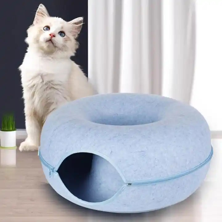 Happy Puss Cat Tunnel Bed – Donut Shape 2-in-1 Felt Hideaway | Blue & Grey | Free Delivery
