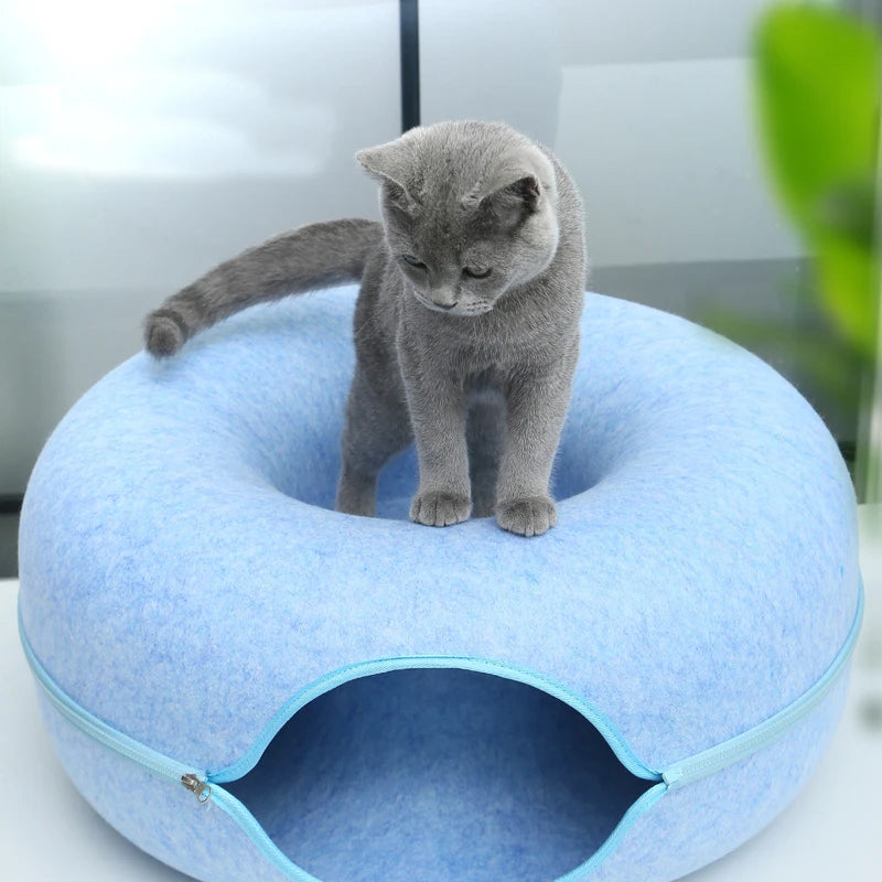 Happy Puss Cat Tunnel Bed – Donut Shape 2-in-1 Felt Hideaway | Blue & Grey | Free Delivery
