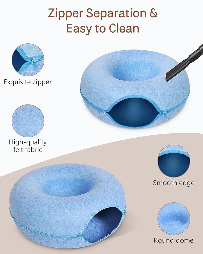 Happy Puss Cat Tunnel Bed – Donut Shape 2-in-1 Felt Hideaway | Blue & Grey | Free Delivery