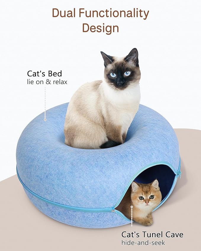 Happy Puss Cat Tunnel Bed – Donut Shape 2-in-1 Felt Hideaway | Blue & Grey | Free Delivery