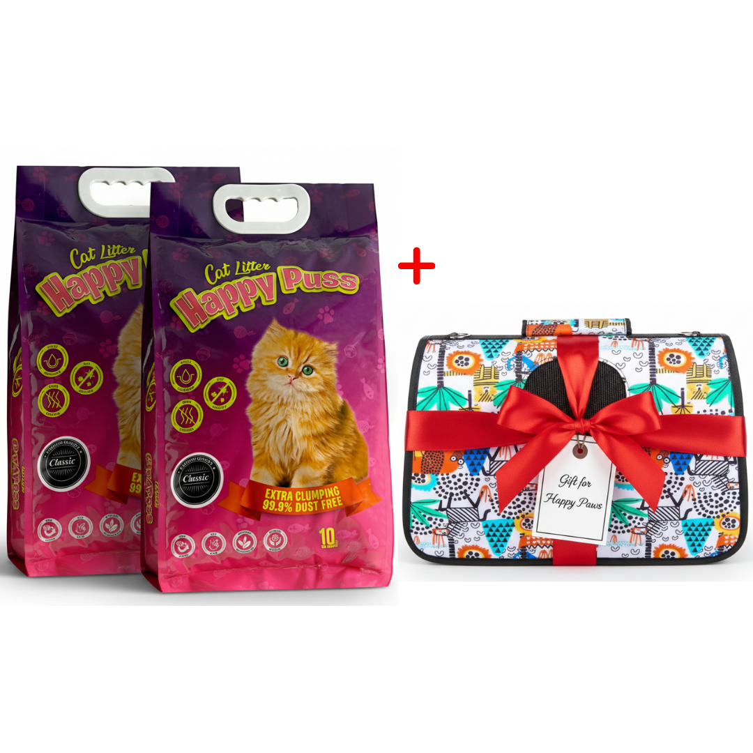 Happy Puss 10L Clumping Cat Litter (2 Bags) + Free Pet Carrier Bag – Odor Control & Free UAE Delivery