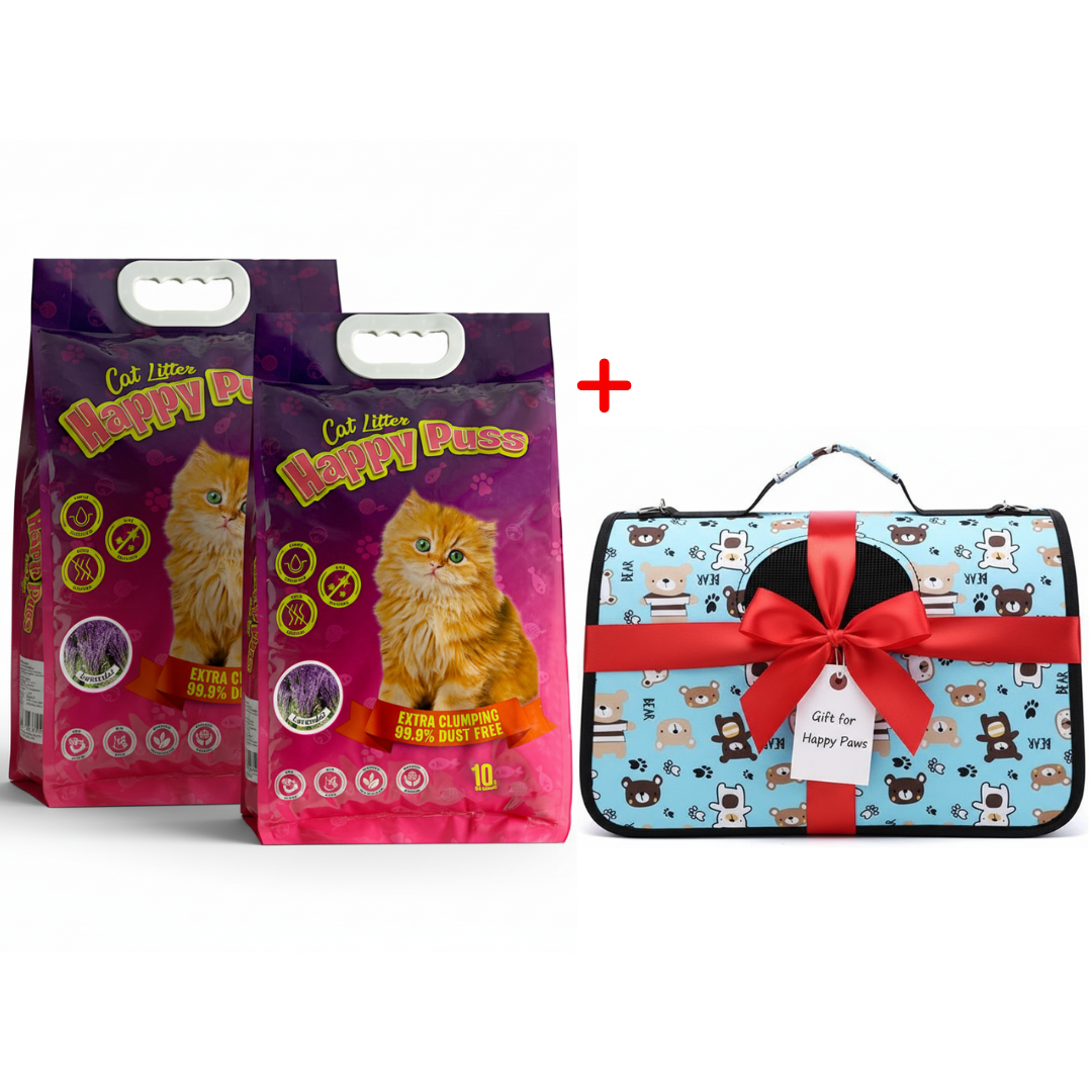 Happy Puss 10L Clumping Cat Litter (2 Bags) + Free Pet Carrier Bag – Odor Control & Free UAE Delivery