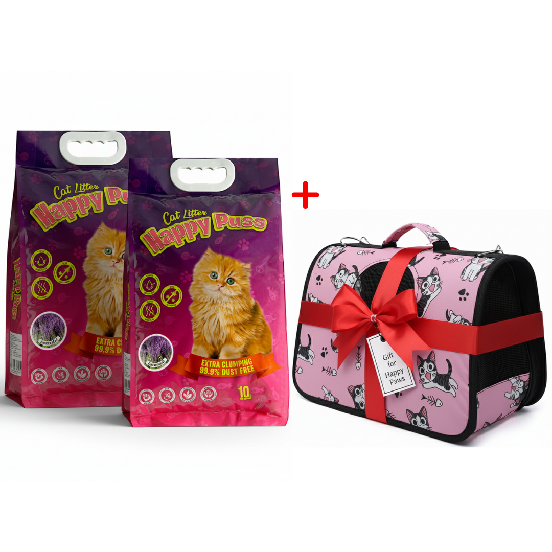 Happy Puss 10L Clumping Cat Litter (2 Bags) + Free Pet Carrier Bag – Odor Control & Free UAE Delivery