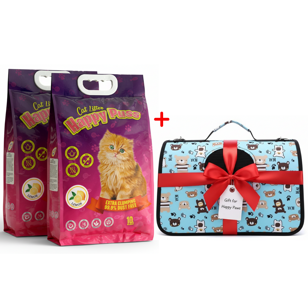 Happy Puss 10L Clumping Cat Litter (2 Bags) + Free Pet Carrier Bag – Odor Control & Free UAE Delivery