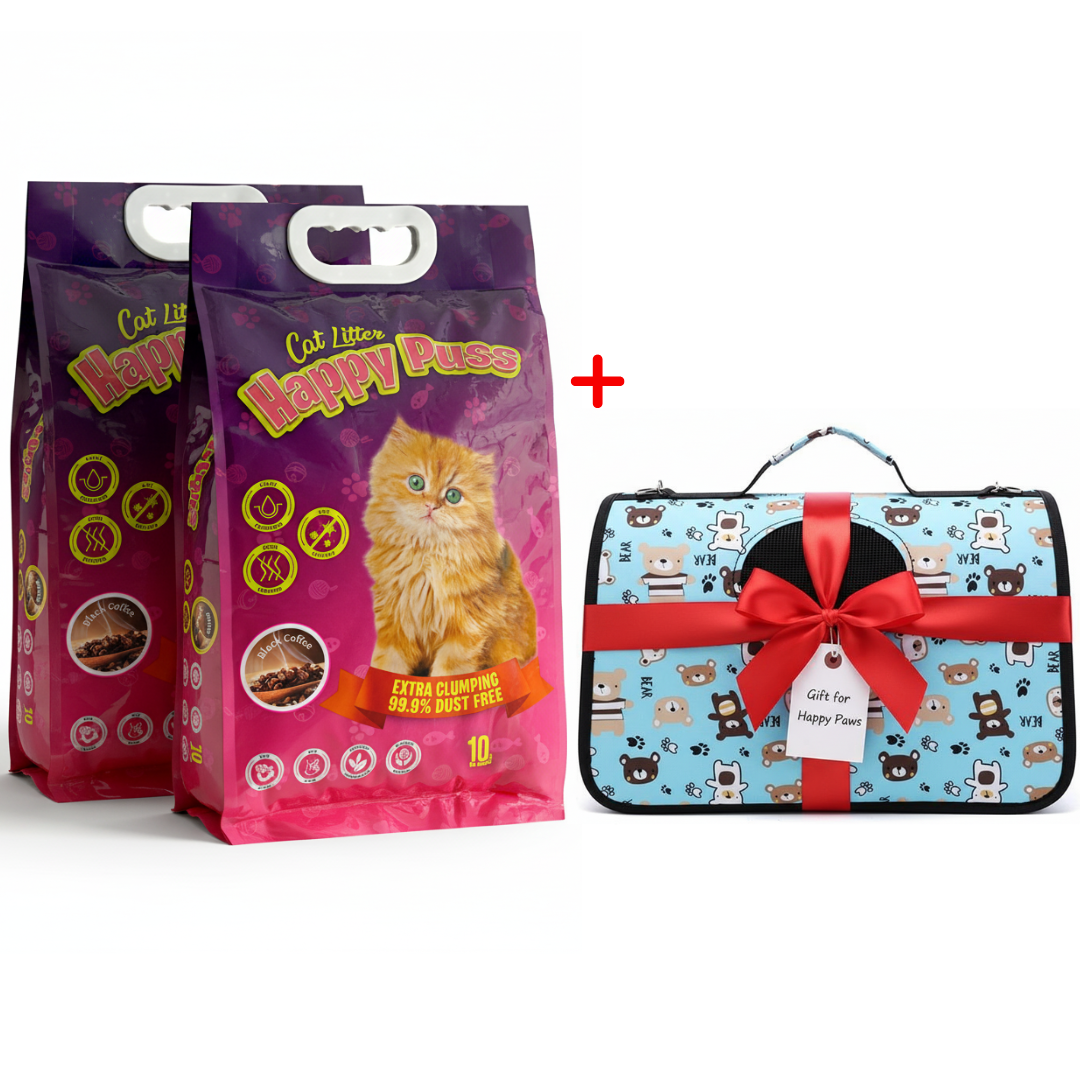 Happy Puss 10L Clumping Cat Litter (2 Bags) + Free Pet Carrier Bag – Odor Control & Free UAE Delivery