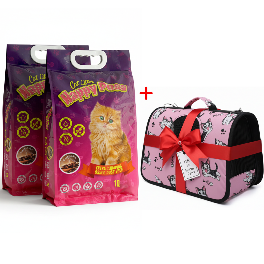 Happy Puss 10L Clumping Cat Litter (2 Bags) + Free Pet Carrier Bag – Odor Control & Free UAE Delivery