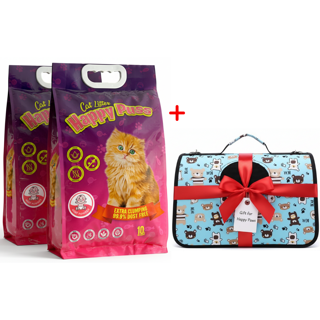 Happy Puss 10L Clumping Cat Litter (2 Bags) + Free Pet Carrier Bag – Odor Control & Free UAE Delivery