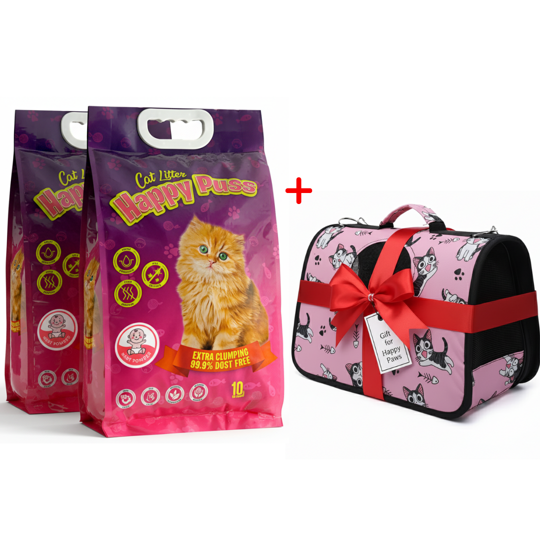 Happy Puss 10L Clumping Cat Litter (2 Bags) + Free Pet Carrier Bag – Odor Control & Free UAE Delivery