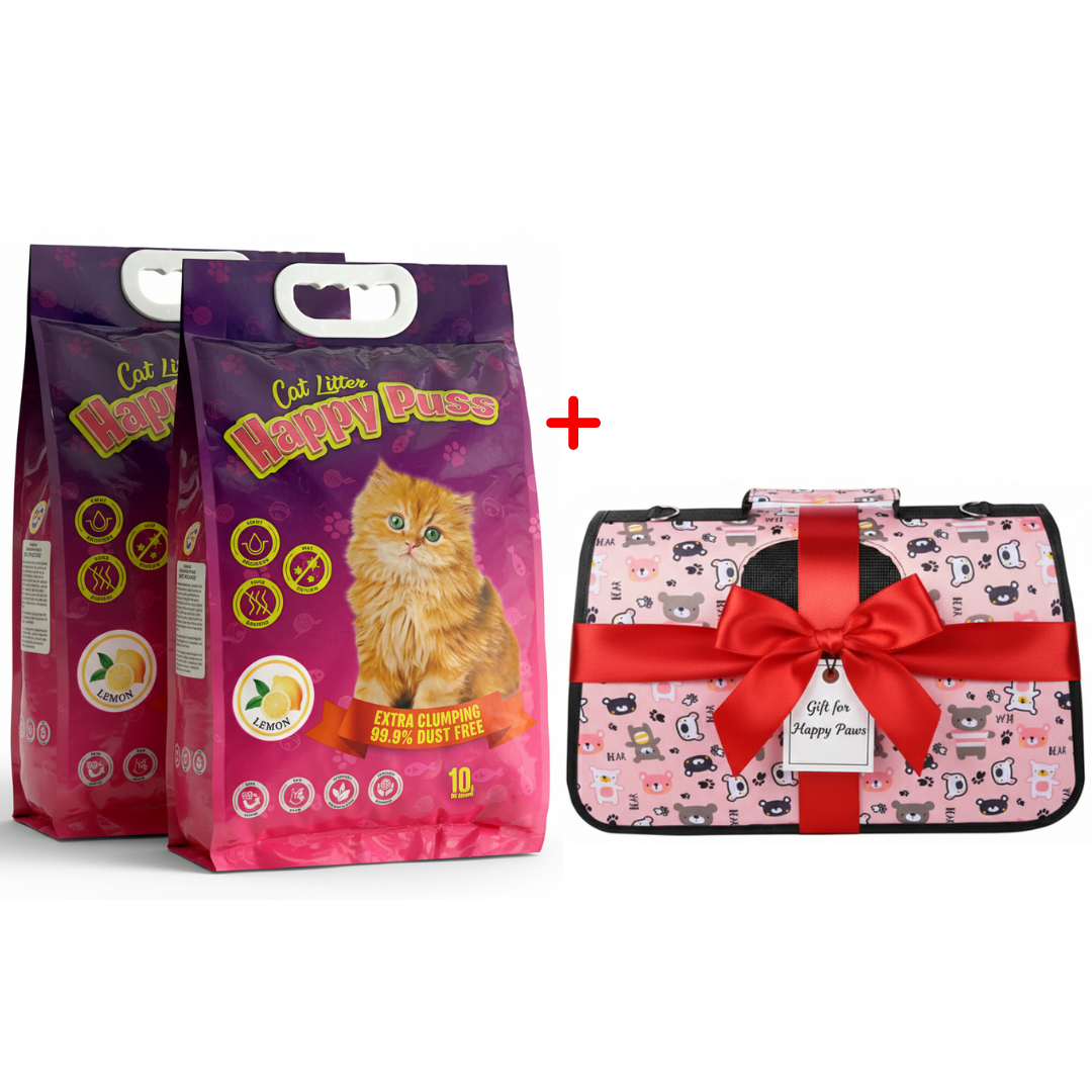 Happy Puss 10L Clumping Cat Litter (2 Bags) + Free Pet Carrier Bag – Odor Control & Free UAE Delivery