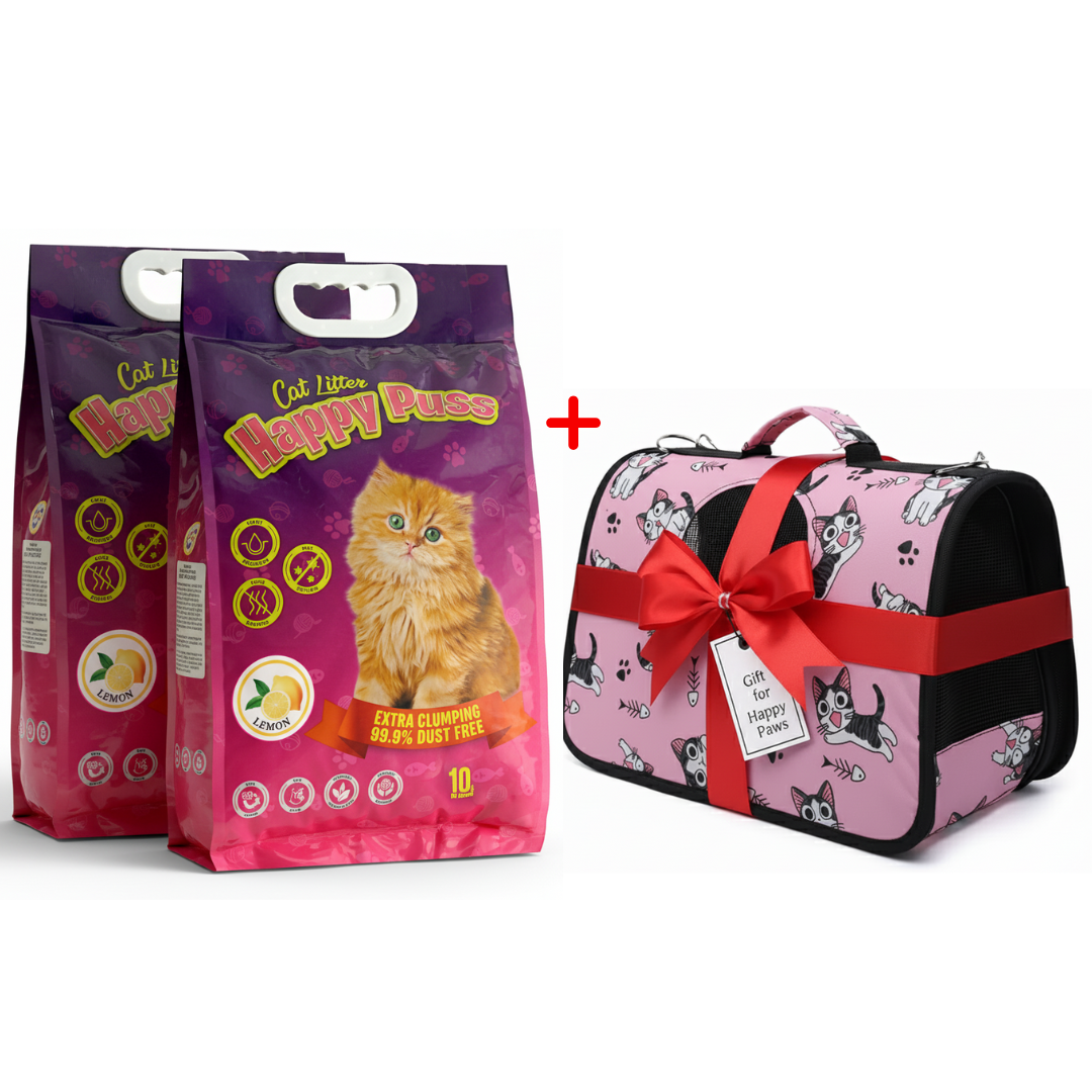Happy Puss 10L Clumping Cat Litter (2 Bags) + Free Pet Carrier Bag – Odor Control & Free UAE Delivery