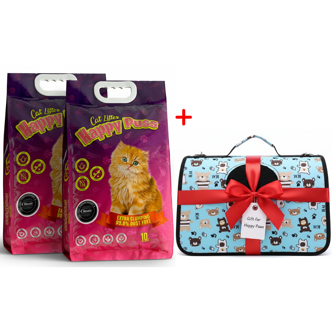 Happy Puss 10L Clumping Cat Litter (2 Bags) + Free Pet Carrier Bag – Odor Control & Free UAE Delivery