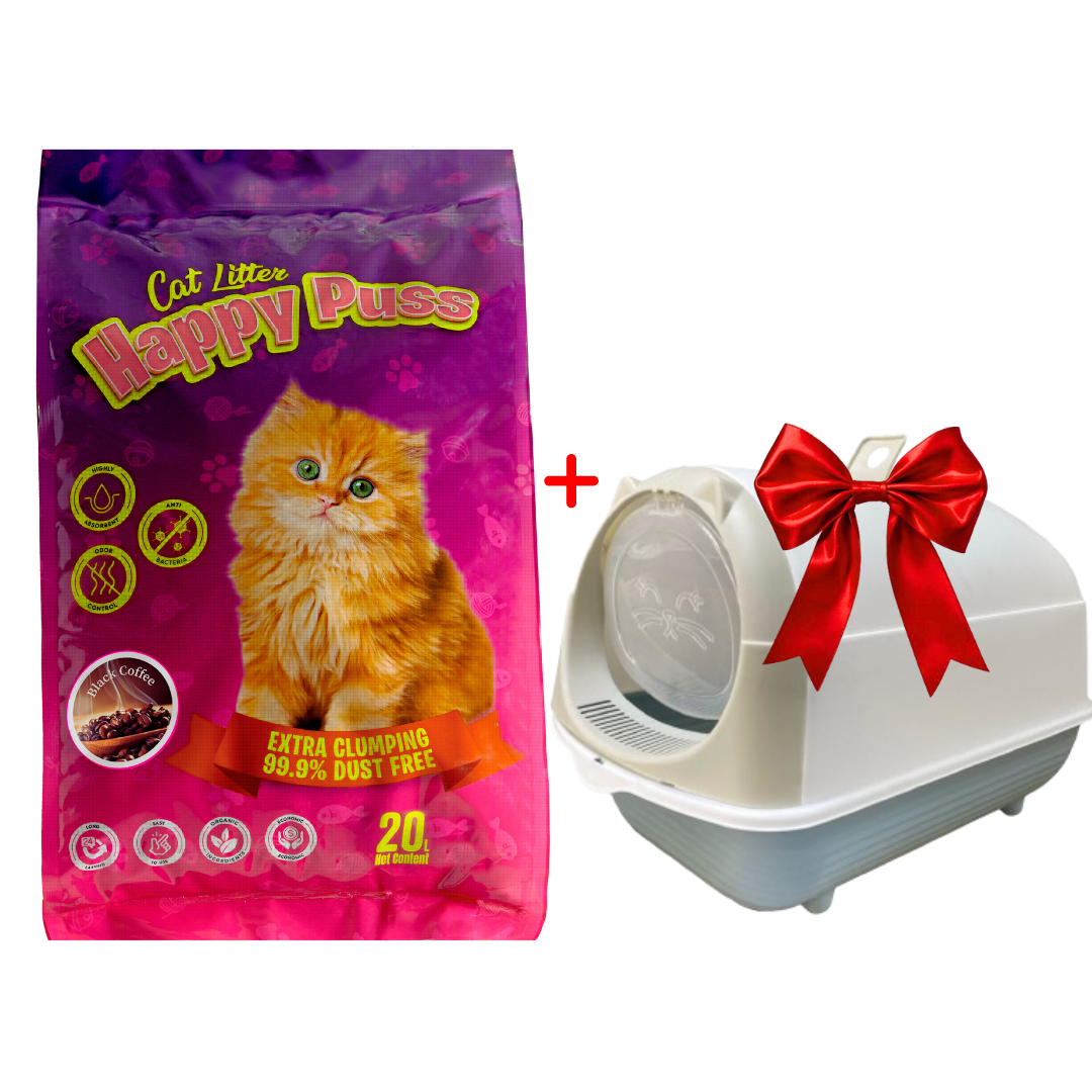 Happy Puss Clumping Cat Litter 20L + Free Enclosed Cat Litter Box – Premium Bundle with Free UAE Delivery