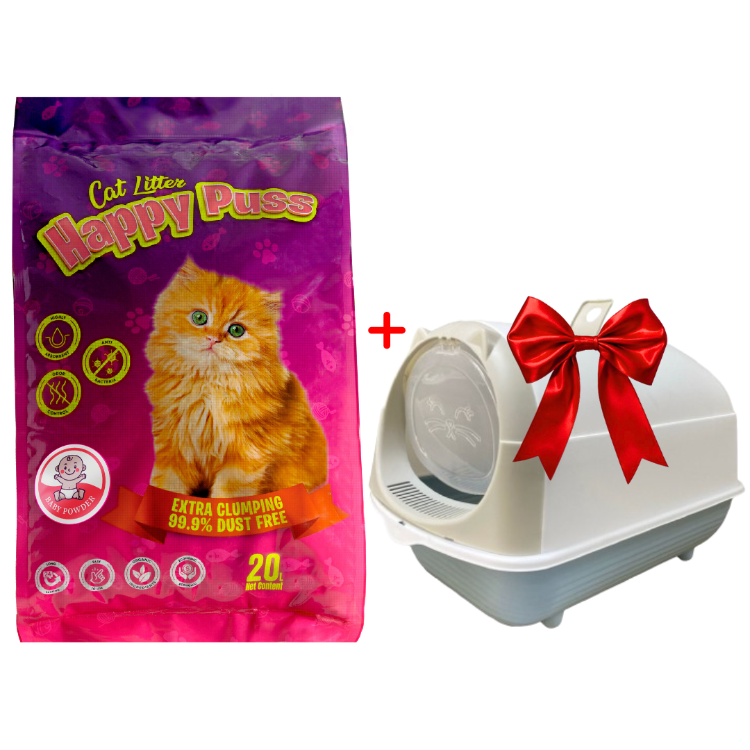 Happy Puss Clumping Cat Litter 20L + Free Enclosed Cat Litter Box – Premium Bundle with Free UAE Delivery