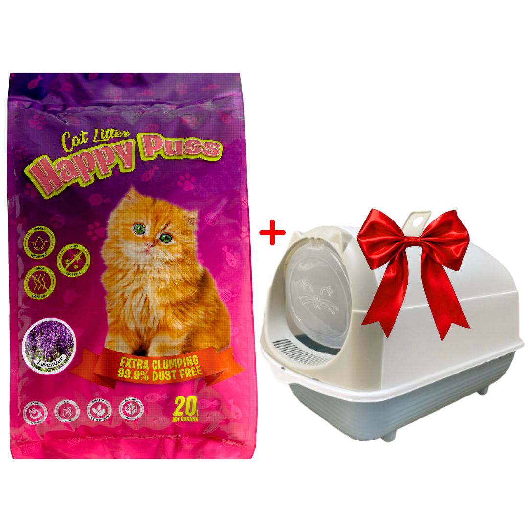 Happy Puss Clumping Cat Litter 20L + Free Enclosed Cat Litter Box – Premium Bundle with Free UAE Delivery