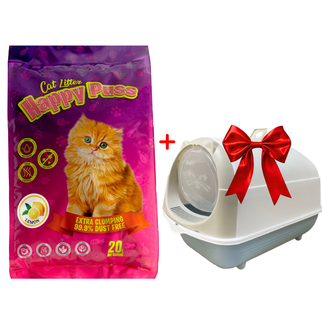 Happy Puss Clumping Cat Litter 20L + Free Enclosed Cat Litter Box – Premium Bundle with Free UAE Delivery