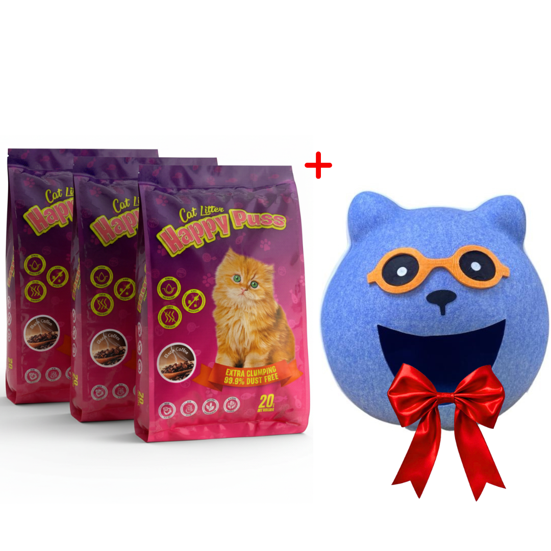 Happy Puss Clumping Cat Litter 20L (3 Bags) + Free Cat Cave House – Low Dust, Odor Control – Free UAE Delivery
