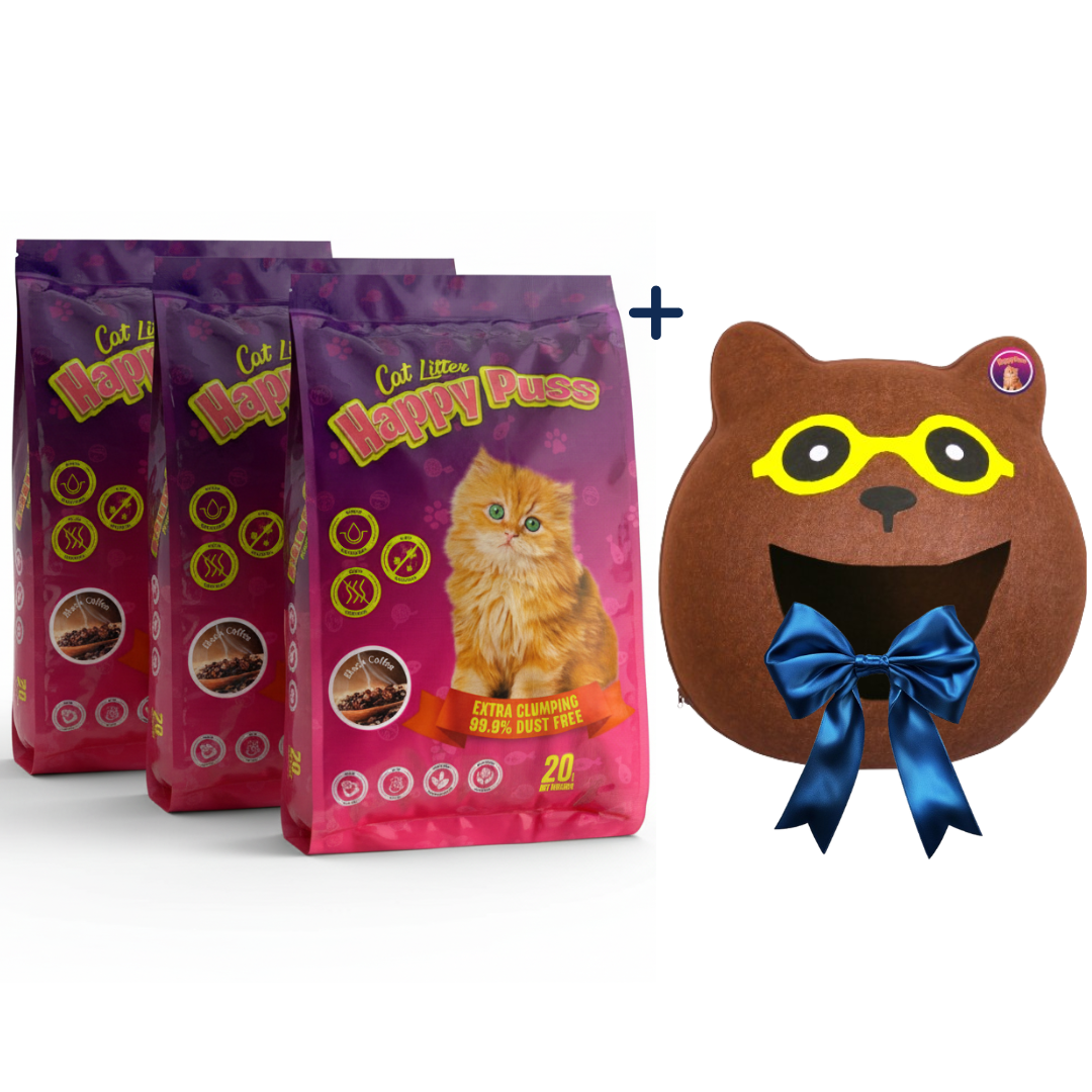 Happy Puss Clumping Cat Litter 20L (3 Bags) + Free Cat Cave House – Low Dust, Odor Control – Free UAE Delivery