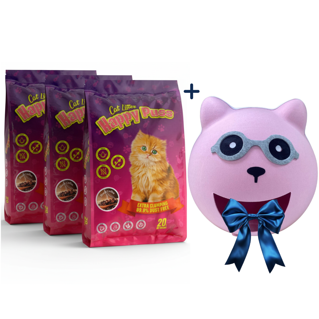 Happy Puss Clumping Cat Litter 20L (3 Bags) + Free Cat Cave House – Low Dust, Odor Control – Free UAE Delivery