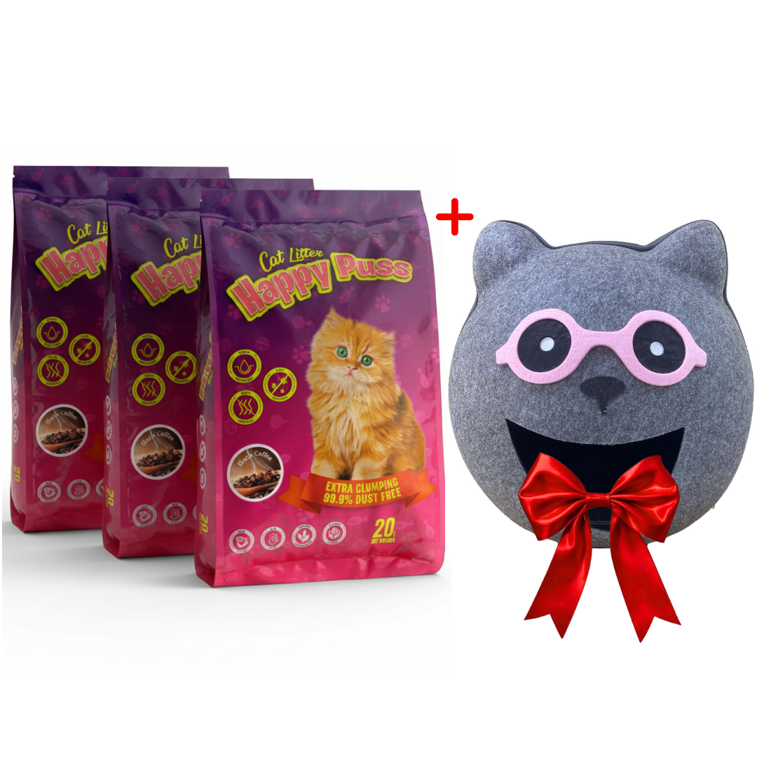 Happy Puss Clumping Cat Litter 20L (3 Bags) + Free Cat Cave House – Low Dust, Odor Control – Free UAE Delivery