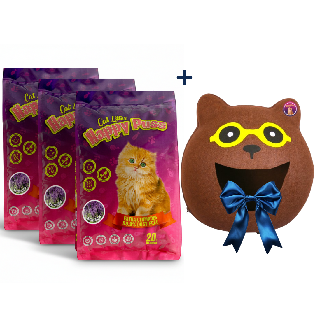 Happy Puss Clumping Cat Litter 20L (3 Bags) + Free Cat Cave House – Low Dust, Odor Control – Free UAE Delivery