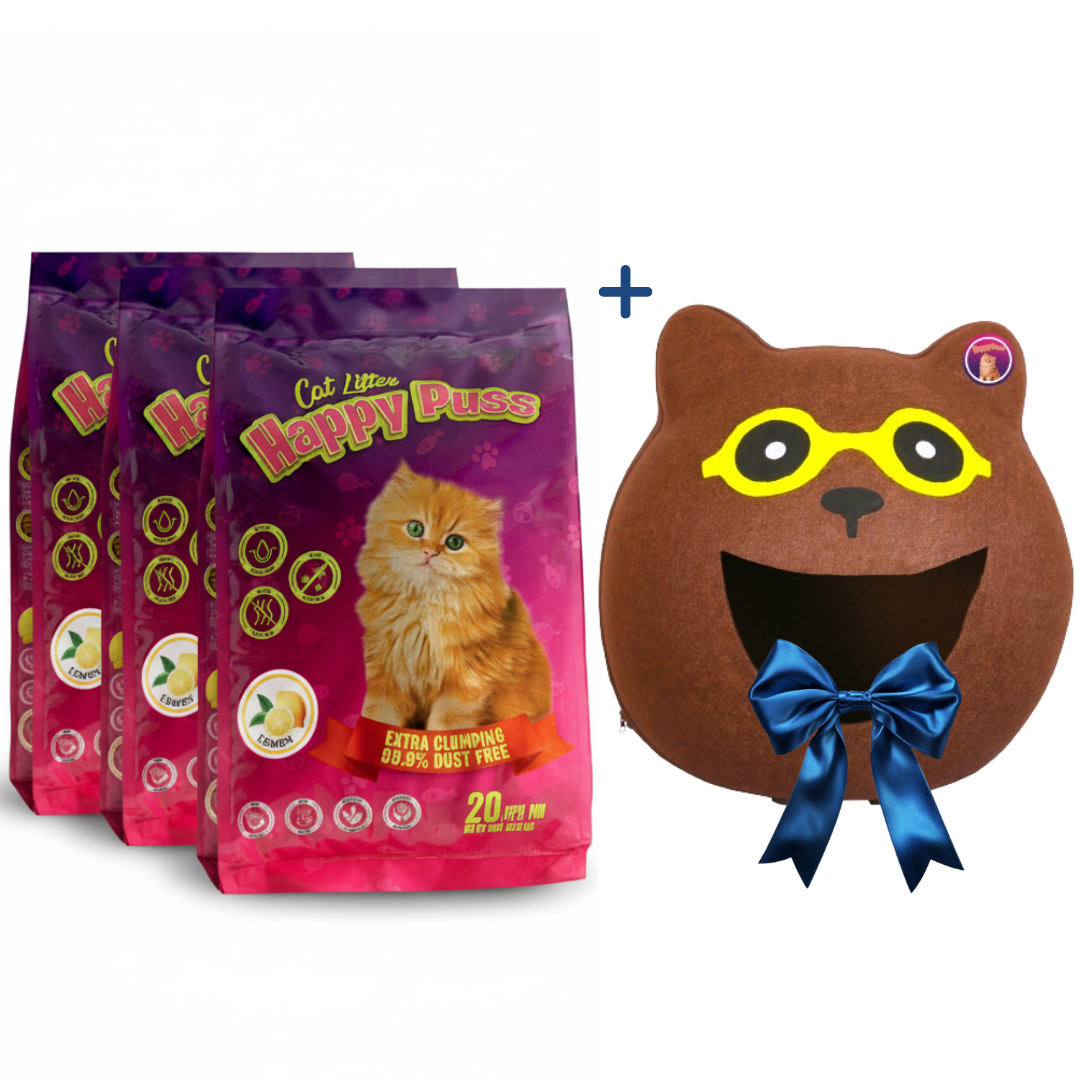Happy Puss Clumping Cat Litter 20L (3 Bags) + Free Cat Cave House – Low Dust, Odor Control – Free UAE Delivery