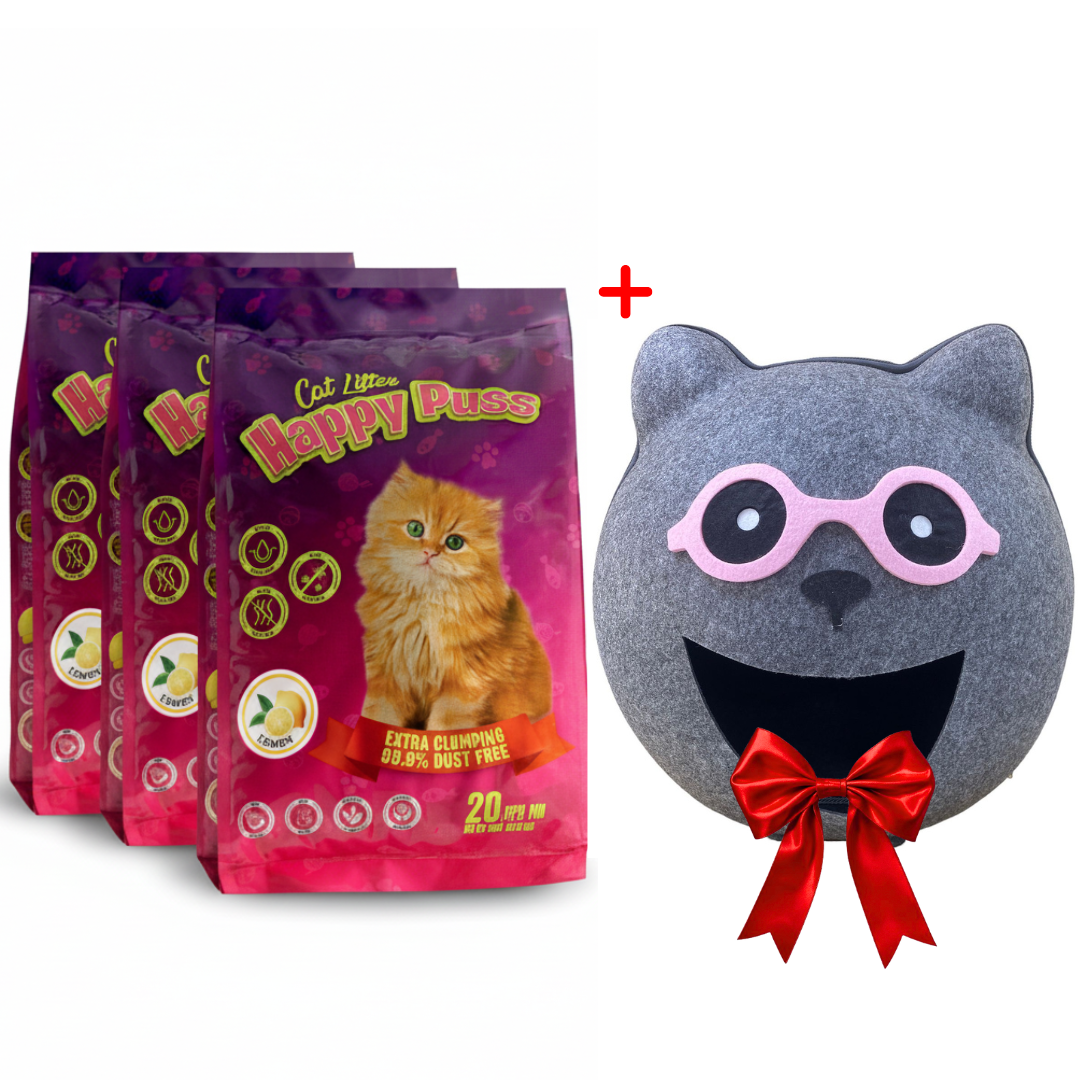 Happy Puss Clumping Cat Litter 20L (3 Bags) + Free Cat Cave House – Low Dust, Odor Control – Free UAE Delivery