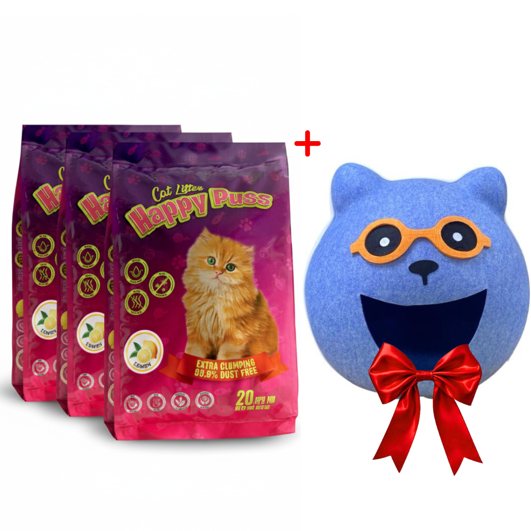 Happy Puss Clumping Cat Litter 20L (3 Bags) + Free Cat Cave House – Low Dust, Odor Control – Free UAE Delivery