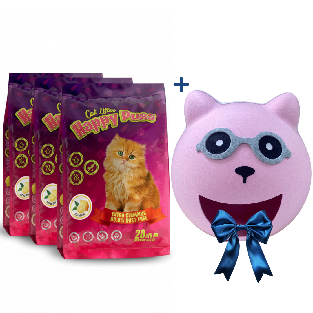 Happy Puss Clumping Cat Litter 20L (3 Bags) + Free Cat Cave House – Low Dust, Odor Control – Free UAE Delivery