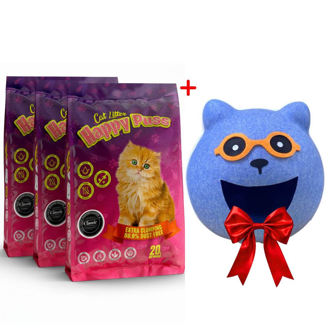 Happy Puss Clumping Cat Litter 20L (3 Bags) + Free Cat Cave House – Low Dust, Odor Control – Free UAE Delivery