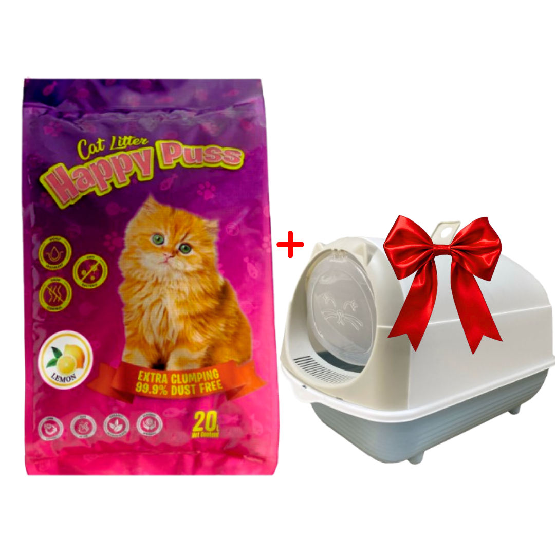 Happy Puss Clumping Cat Litter 20L + Free Enclosed Cat Litter Box – Premium Bundle with Free UAE Delivery