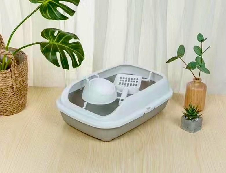 Happy Puss 3-in-1 Cat Litter Box with Feeder Bowl & Scoop – High-Sided Plastic Tray
