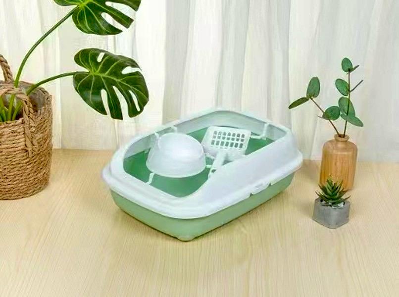 Happy Puss 3-in-1 Cat Litter Box with Feeder Bowl & Scoop – High-Sided Plastic Tray