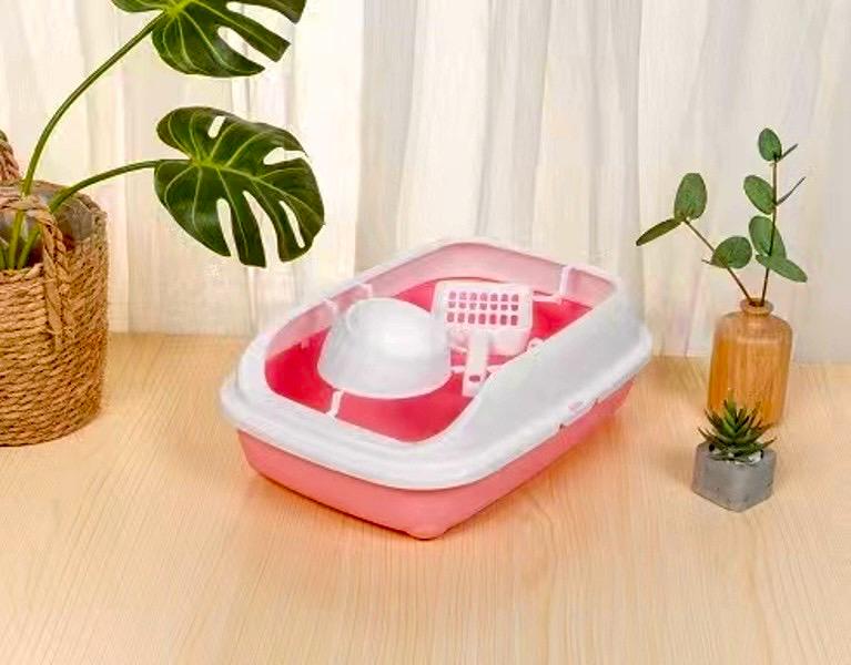 Happy Puss 3-in-1 Cat Litter Box with Feeder Bowl & Scoop – High-Sided Plastic Tray