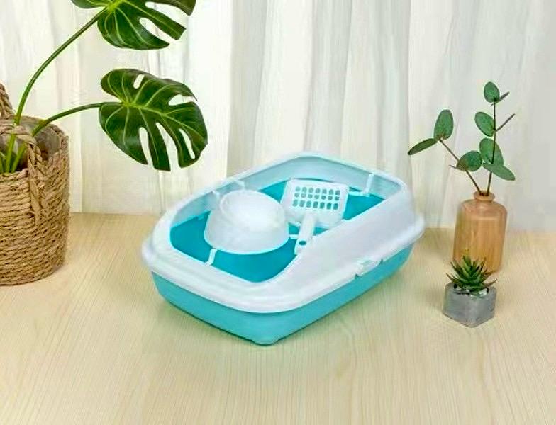 Happy Puss 3-in-1 Cat Litter Box with Feeder Bowl & Scoop – High-Sided Plastic Tray