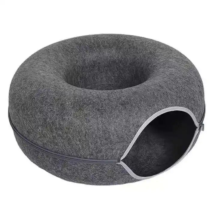 Happy Puss Cat Tunnel Bed – Donut Shape 2-in-1 Felt Hideaway | Blue & Grey | Free Delivery