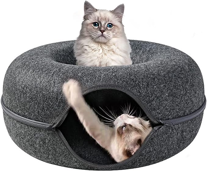 Happy Puss Cat Tunnel Bed – Donut Shape 2-in-1 Felt Hideaway | Blue & Grey | Free Delivery