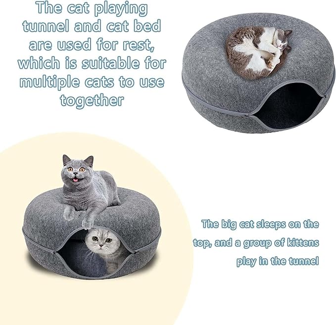 Happy Puss Cat Tunnel Bed – Donut Shape 2-in-1 Felt Hideaway | Blue & Grey | Free Delivery
