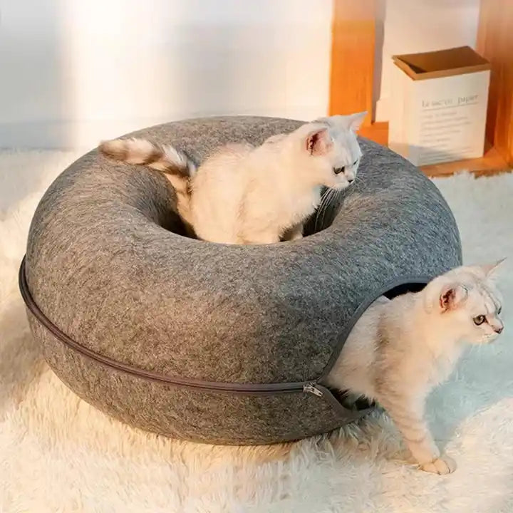 Happy Puss Cat Tunnel Bed – Donut Shape 2-in-1 Felt Hideaway | Blue & Grey | Free Delivery