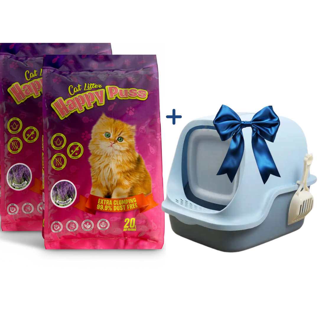 Happy Puss Cat Litter Bundle – 2×20L Clumping Litter + Free Large Enclosed Litter Box (with Scoop)