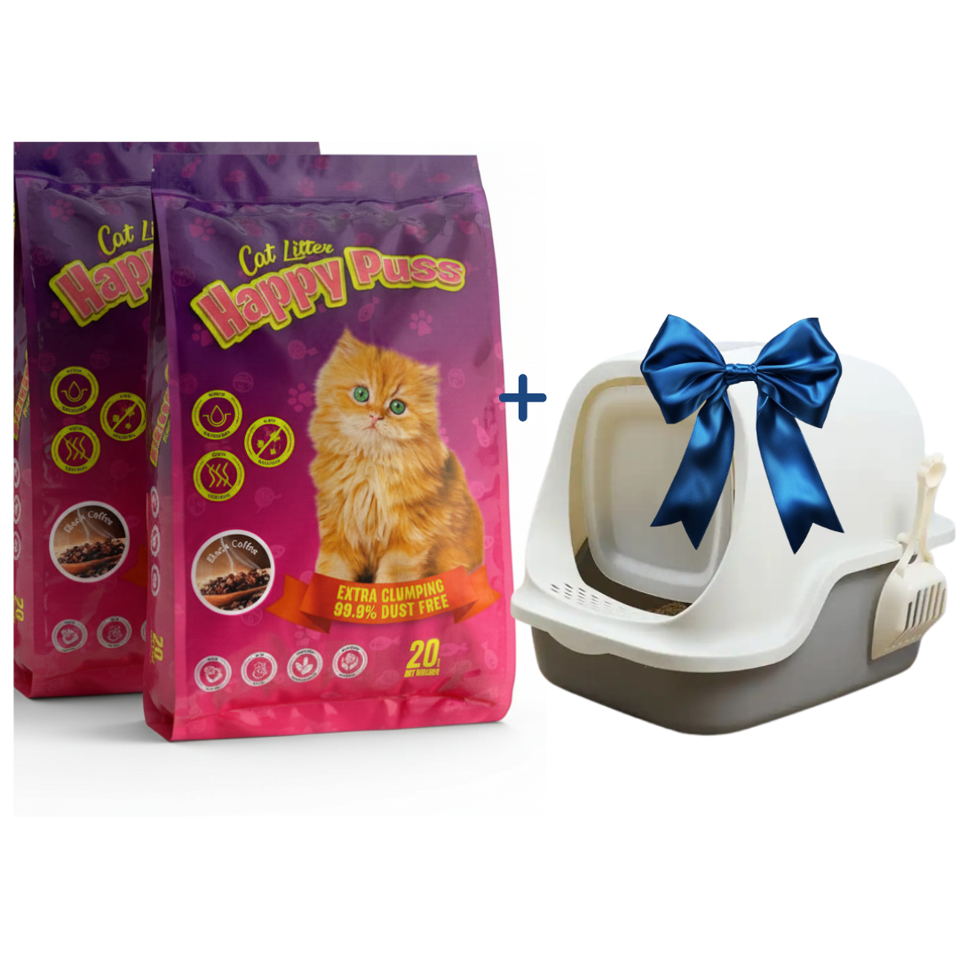 Happy Puss Cat Litter Bundle – 2×20L Clumping Litter + Free Large Enclosed Litter Box (with Scoop)