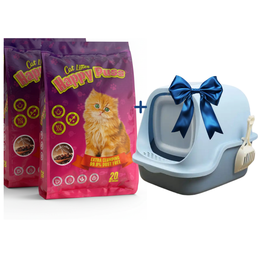 Happy Puss Cat Litter Bundle – 2×20L Clumping Litter + Free Large Enclosed Litter Box (with Scoop)