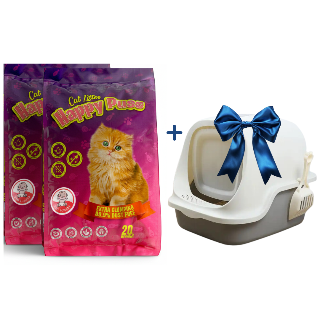 Happy Puss Cat Litter Bundle – 2×20L Clumping Litter + Free Large Enclosed Litter Box (with Scoop)