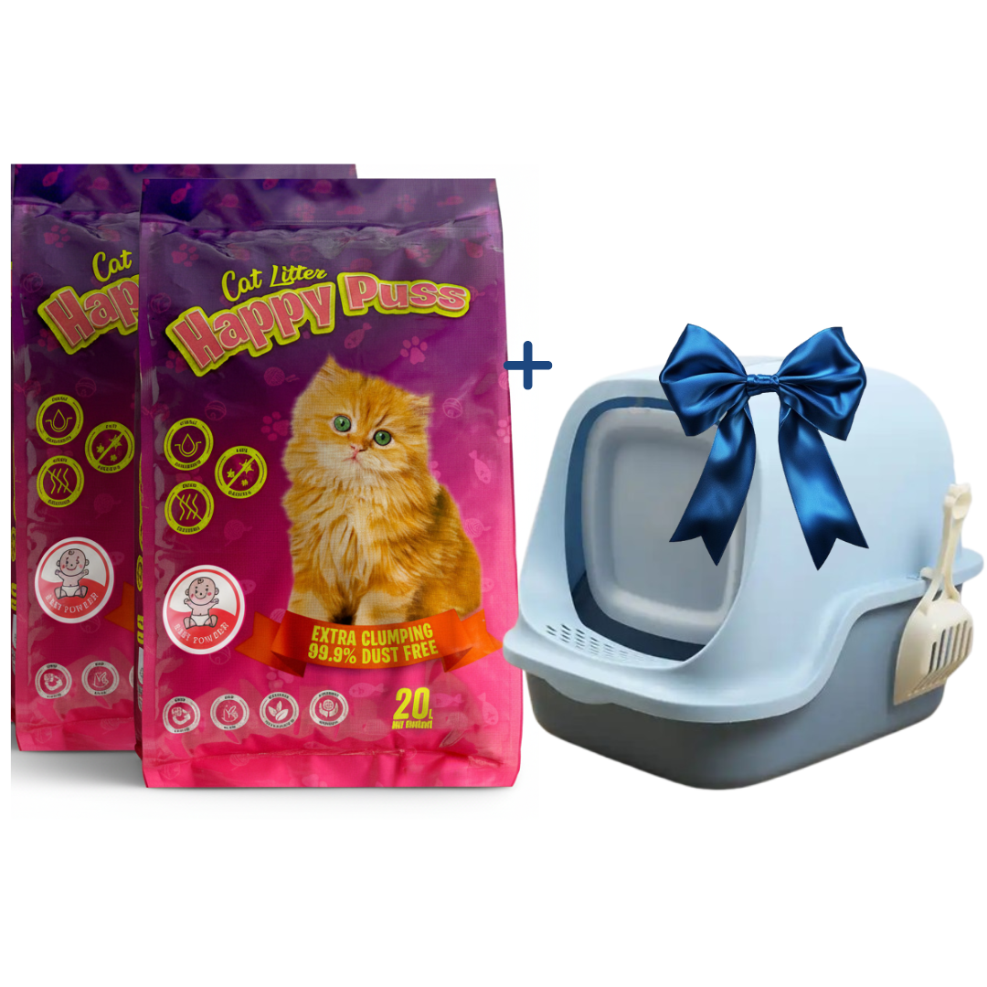 Happy Puss Cat Litter Bundle – 2×20L Clumping Litter + Free Large Enclosed Litter Box (with Scoop)