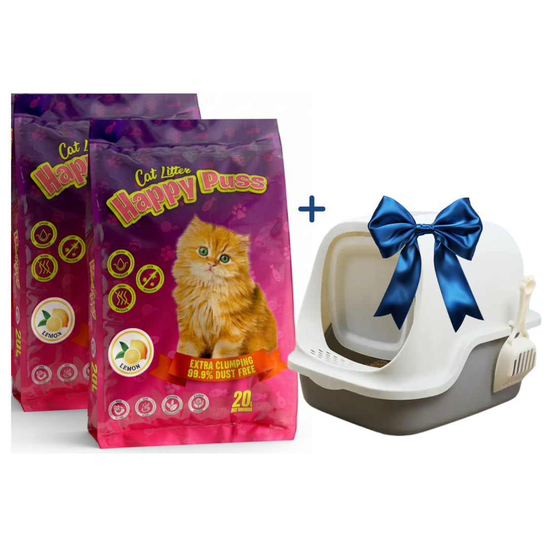 Happy Puss Cat Litter Bundle – 2×20L Clumping Litter + Free Large Enclosed Litter Box (with Scoop)